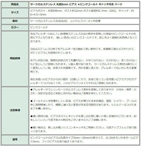 [10個]サージカルステンレス丸皿8mmピアス[★ピンクゴールド]キャッチ付きパーツ