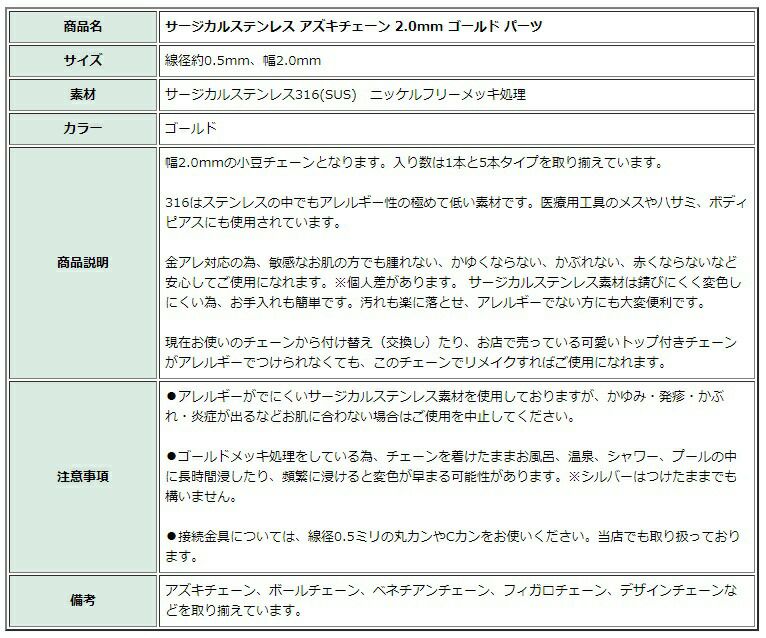 [5M×1本]サージカルステンレス小豆チェーンアズキチェーン2.0mm［ゴールド金］切り売りチェーンのみパーツC1-01金属アレルギー対応