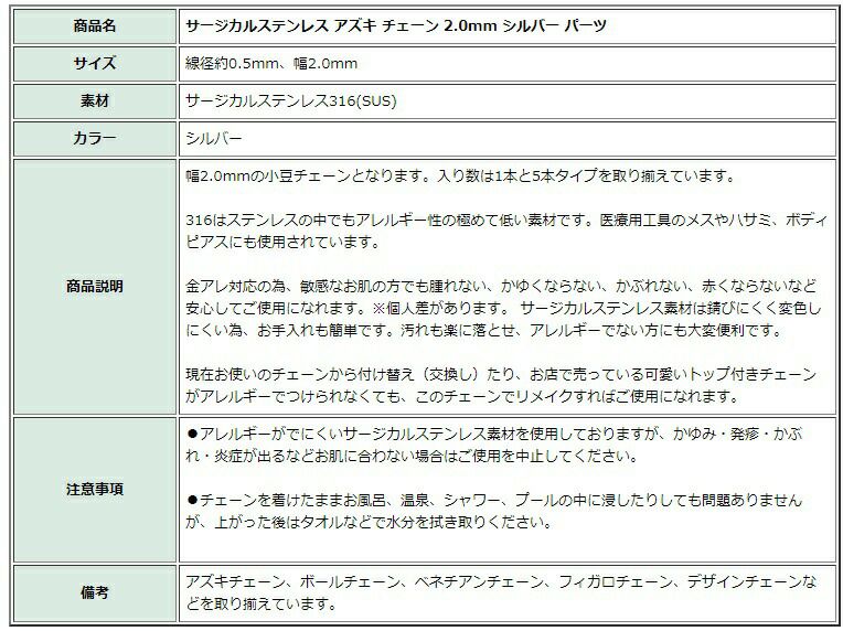 [5M×1本]サージカルステンレス小豆チェーンアズキチェーン2.0mm［銀シルバー］アクセサリーパーツ金アレ