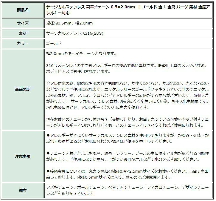 ［1M×1本］サージカルステンレス喜平チェーン0.5×2.0mm［ゴールド金］金具パーツ素材金属アレルギー対応