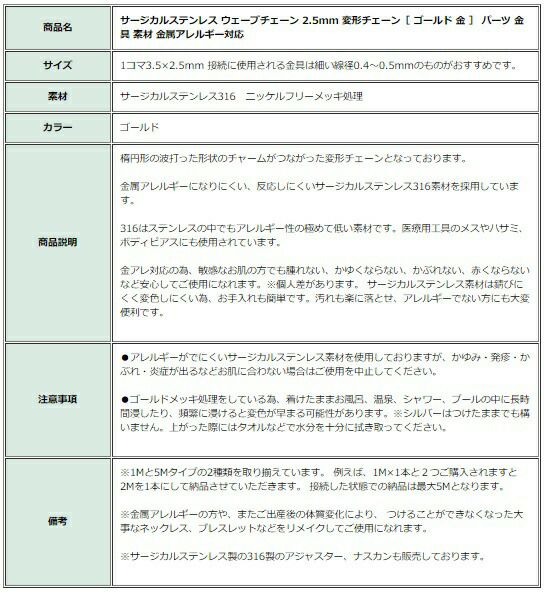 ［5M×1本］サージカルステンレスウェーブチェーン2.5mm変形チェーン［ゴールド金］切り売りチェーンのみパーツC2-05金属アレルギー対応