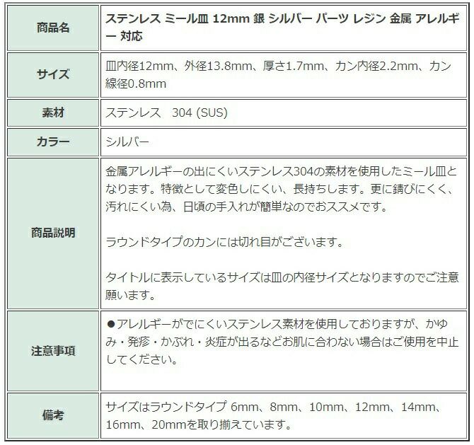 ［10個］ステンレスミール皿16mm［銀シルバー］パーツレジン金属アレルギー対応