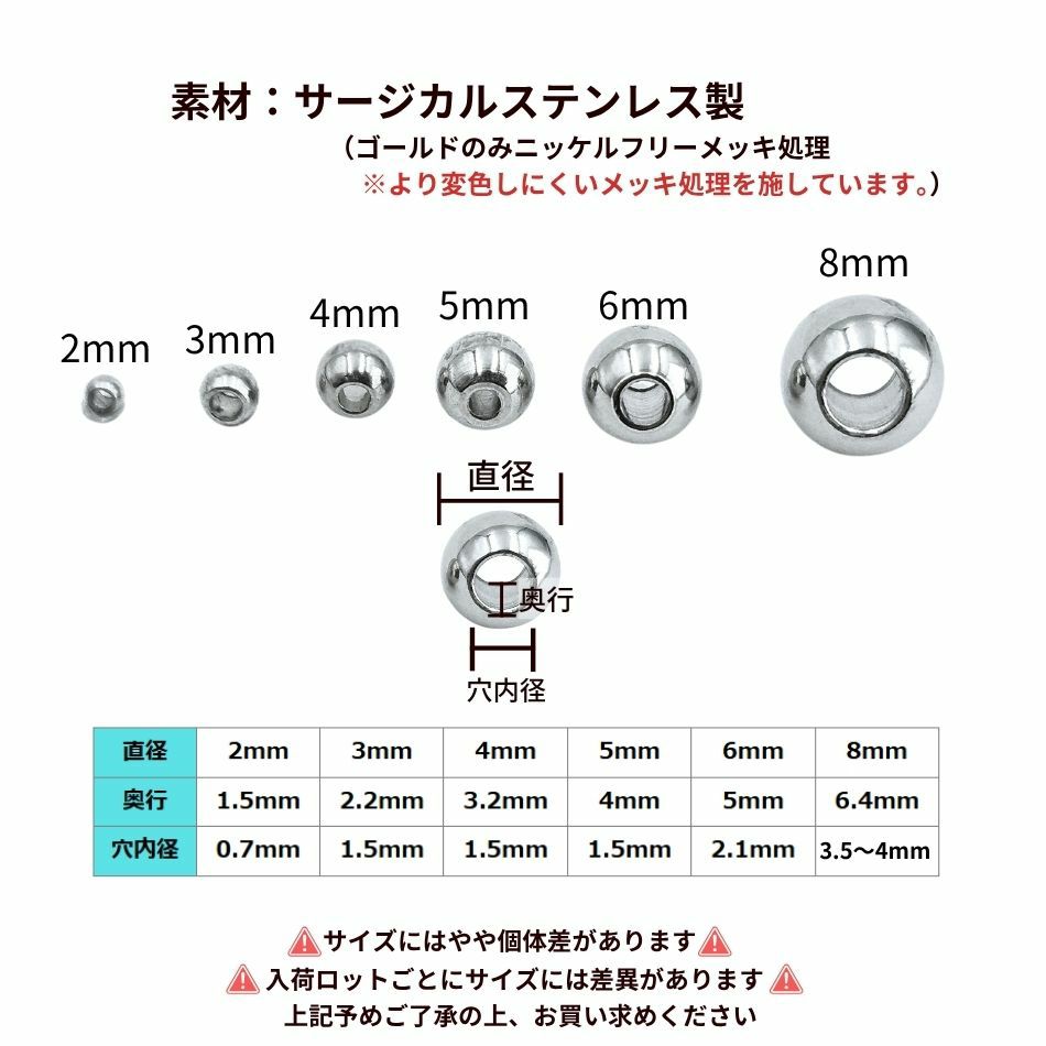［10個］サージカルステンレスメタルビーズラウンド丸5mm［ゴールド金］パーツ円ネックレスブレスレット