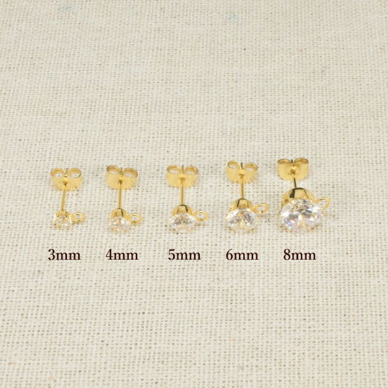 ［4個］サージカルステンレスカン付きジルコニアラウンド6mmピアス［ゴールド金］キャッチ付きパーツ金属アレルギー対応
