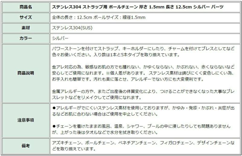 [1本]ステンレスストラップ用ボールチェーン厚さ1.5mm長さ12.5センチシルバー銀アクセサリーパーツ