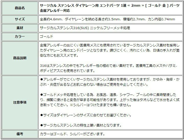 [10個]サージカルステンレスダイヤレーン用エンドパーツ1連≪2mm≫[ゴールド金]パーツ金属アレルギー対応