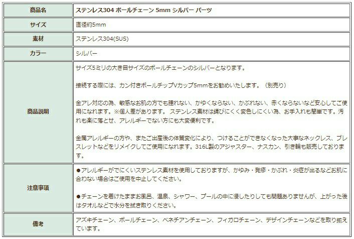 [1M×1本]ステンレスボールチェーン5mm［銀シルバー］パーツ金属アレルギー対応