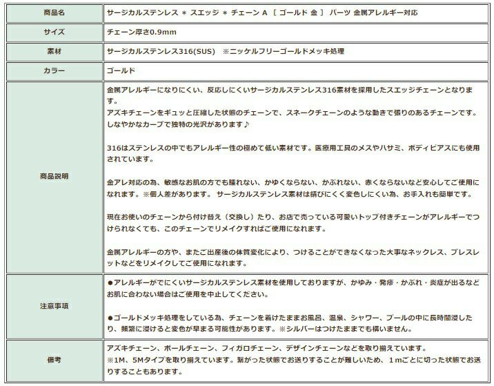 [1M×1本]サージカルステンレス＊スエッジ＊チェーンA［ゴールド金］パーツ金属アレルギー対応