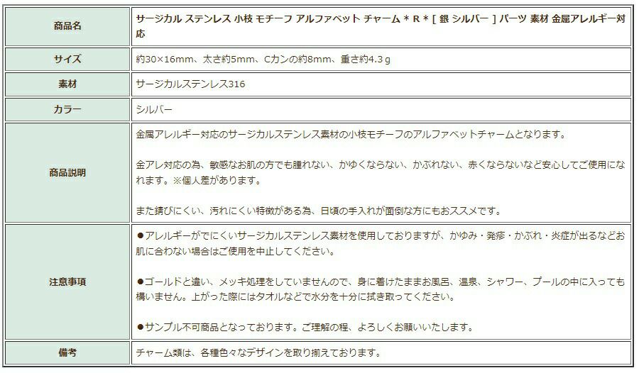 [1個]サージカルステンレス小枝モチーフアルファベットチャーム*R*[銀シルバー]パーツ素材金属アレルギー対応