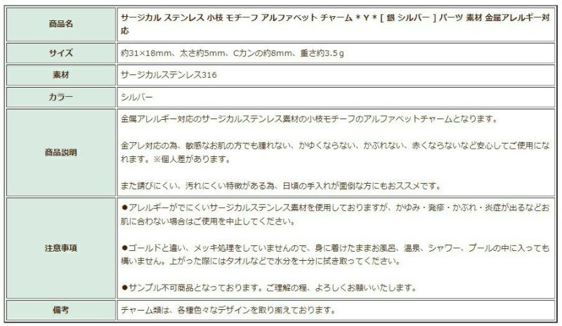 [1個]サージカルステンレス小枝モチーフアルファベットチャーム*Y*[銀シルバー]パーツ素材金属アレルギー対応