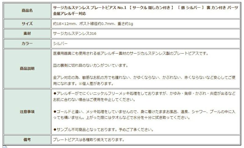 [10個]サージカルステンレスプレートピアスNo.1【サークル隠しカン付き】［銀シルバー］裏カン付きパーツ金属アレルギー対応