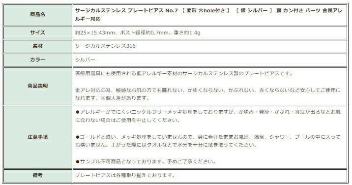 [10個]サージカルステンレスプレートピアスNo.7【変形穴hole付き】［銀シルバー］キャッチ付き裏カン付きパーツ金属アレルギー対応