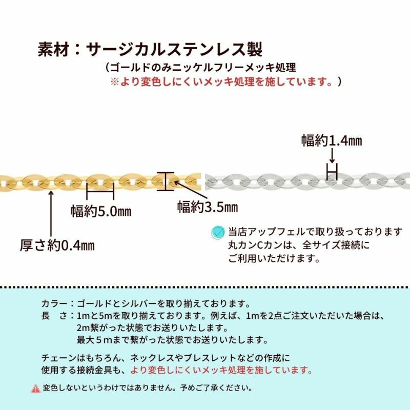 ［5M×1本］サージカルステンレスビーンズチェーンA［ゴールド金］パーツ金属アレルギー対応