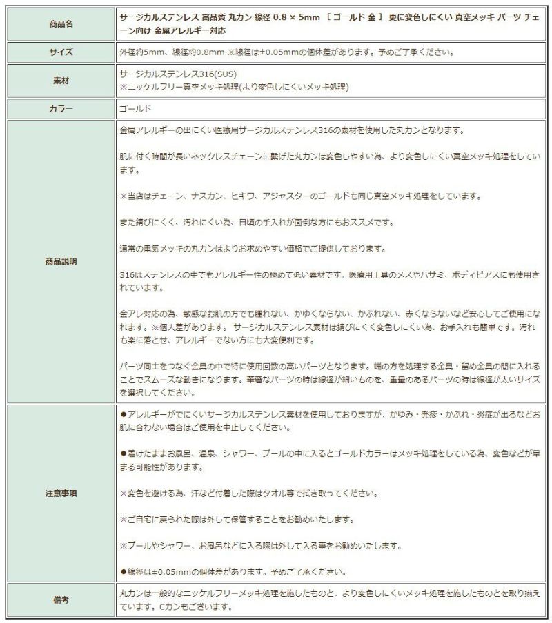 [10個］サージカルステンレス高品質丸カン線径0.8×5mm［ゴールド金］更に変色しにくいパーツチェーン向け金属アレルギー対応