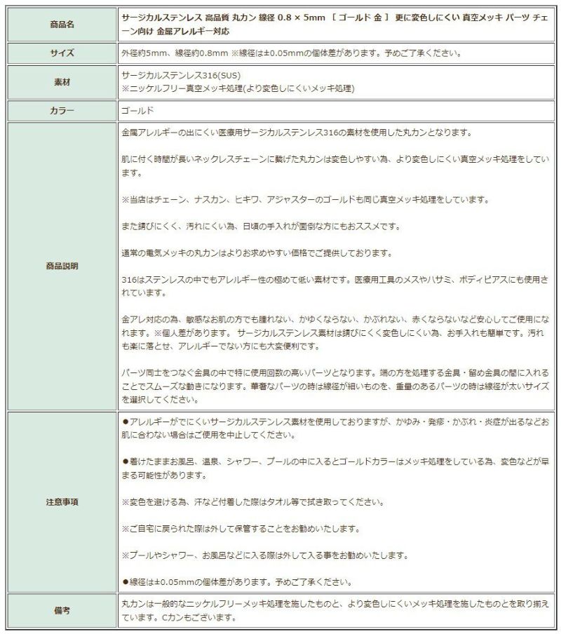[20個］サージカルステンレス高品質丸カン線径0.8×5mm［ゴールド金］更に変色しにくいパーツチェーン向け金属アレルギー対応
