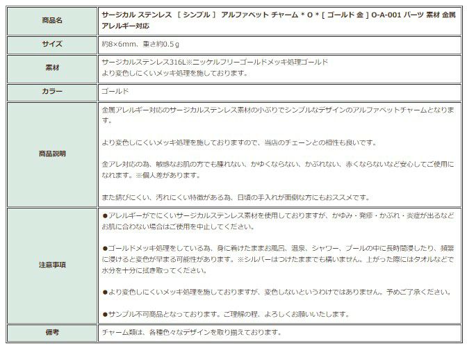 [1個]サージカルステンレス［シンプル］アルファベットチャーム*O*[ゴールド金]O-A-001パーツ素材金属アレルギー対応