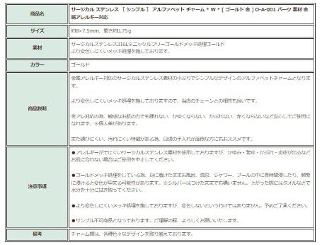 [1個]サージカルステンレス［シンプル］アルファベットチャーム*W*[ゴールド金]O-A-001パーツ素材金属アレルギー対応