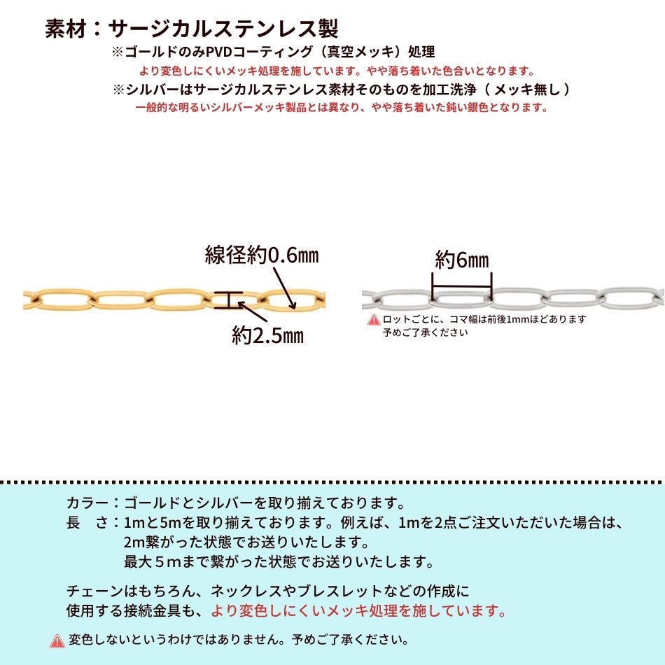 ［5M×1本］サージカルステンレスデザインBチェーン極小［銀シルバー］C2-02長アズキチェーン切り売りチェーンのみ金属アレルギー対応