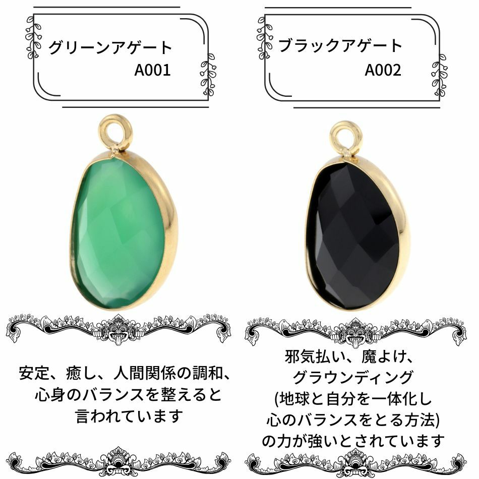天然石 ペンダント トップ 多面カット 14×10mm グリーンアゲート ブラックアゲート詳細
