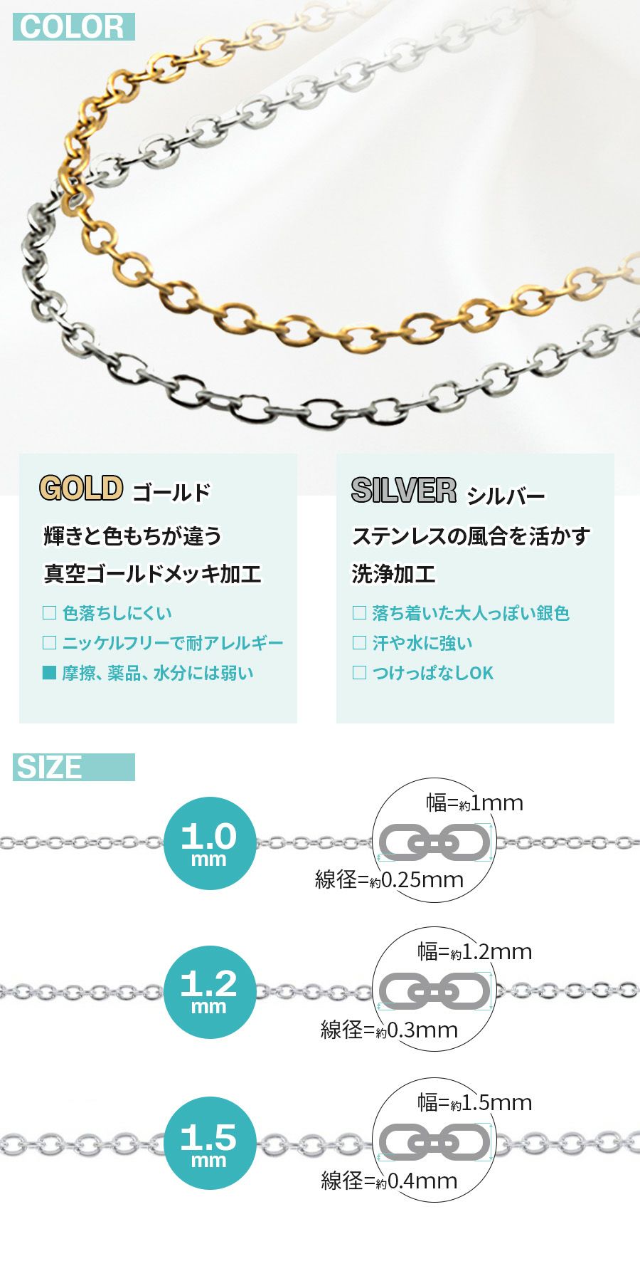 【品質にこだわる作家さんに】アズキチェーン ネックレスチェーン 選べる2カラー 3サイズ 切り売り 1m 5m 小豆チェーン サイズ詳細